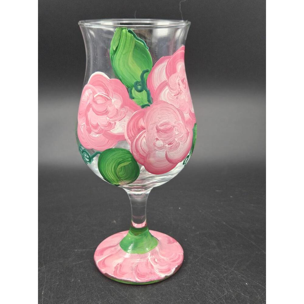 Set of 2 Vintage Hand Painted Pink Floral Wine Glasses Tulip Flared Rim 6.5" - Picture 11 of 15